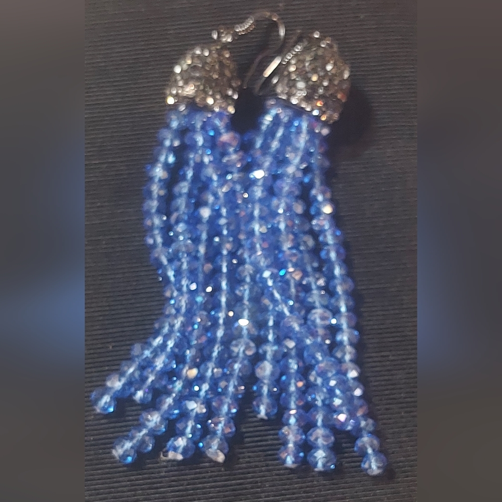Stunning blue glass drops with clear rhinestones in gunmetal super sparkly